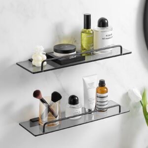 voldra 2 pack bathroom glass shelf 15.7in bathroom shelves wall mounted tempered glass shelf with rail floating shelves bathroom(black)