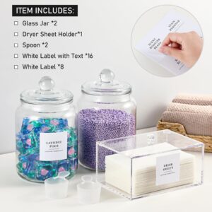 Glass Jars and Dryer Sheet Holder, Dispenser Set with Lids and Labels, Containers for Laundry Room Organization and Storage, Half Gallon Airtight Glass jars, Acrylic Storage Box for Laundry supplies,