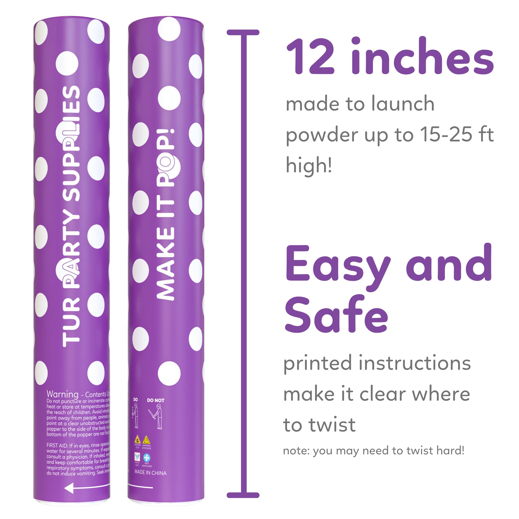 TUR Party Supplies Purple Powder Poppers Biodegradable Cannons 2 Pack Purple Biodegradable Powder | Launches up to 25ft | 12 inch | Powder Poppers for Celebrations, Festivals, and Parties