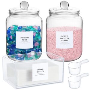 glass jars and dryer sheet holder, dispenser set with lids and labels, containers for laundry room organization and storage, half gallon airtight glass jars, acrylic storage box for laundry supplies,