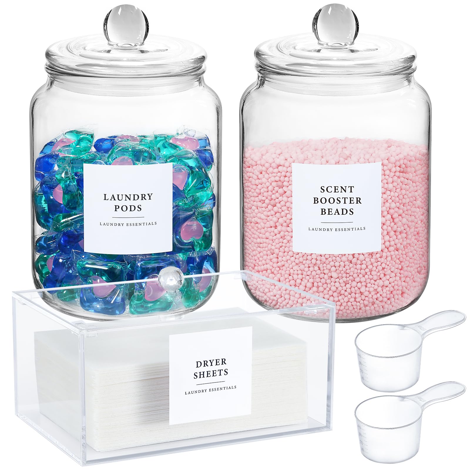 Glass Jars and Dryer Sheet Holder, Dispenser Set with Lids and Labels, Containers for Laundry Room Organization and Storage, Half Gallon Airtight Glass jars, Acrylic Storage Box for Laundry supplies,