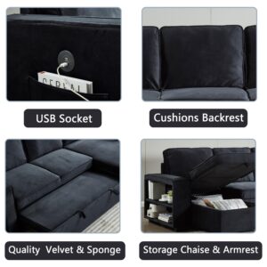 INSTORY Mid-Century Modern Velvet Sofa Sectional L-Shaped Sofa Pull Out SofaBed Convertible Sleeper Sofa Bed with Storage Chaise & USB for Living Room - Black