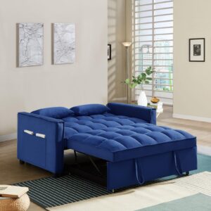 3 in 1 Convertible Sleeper Sofa Couch with Pull Out Bed,55" Velvet Upholstered Futon Sofa Bed,Modern Loveseat Sleeper Chaise with Adjustable Backrest for Living Room, Guest Room, Apartment(Blue)