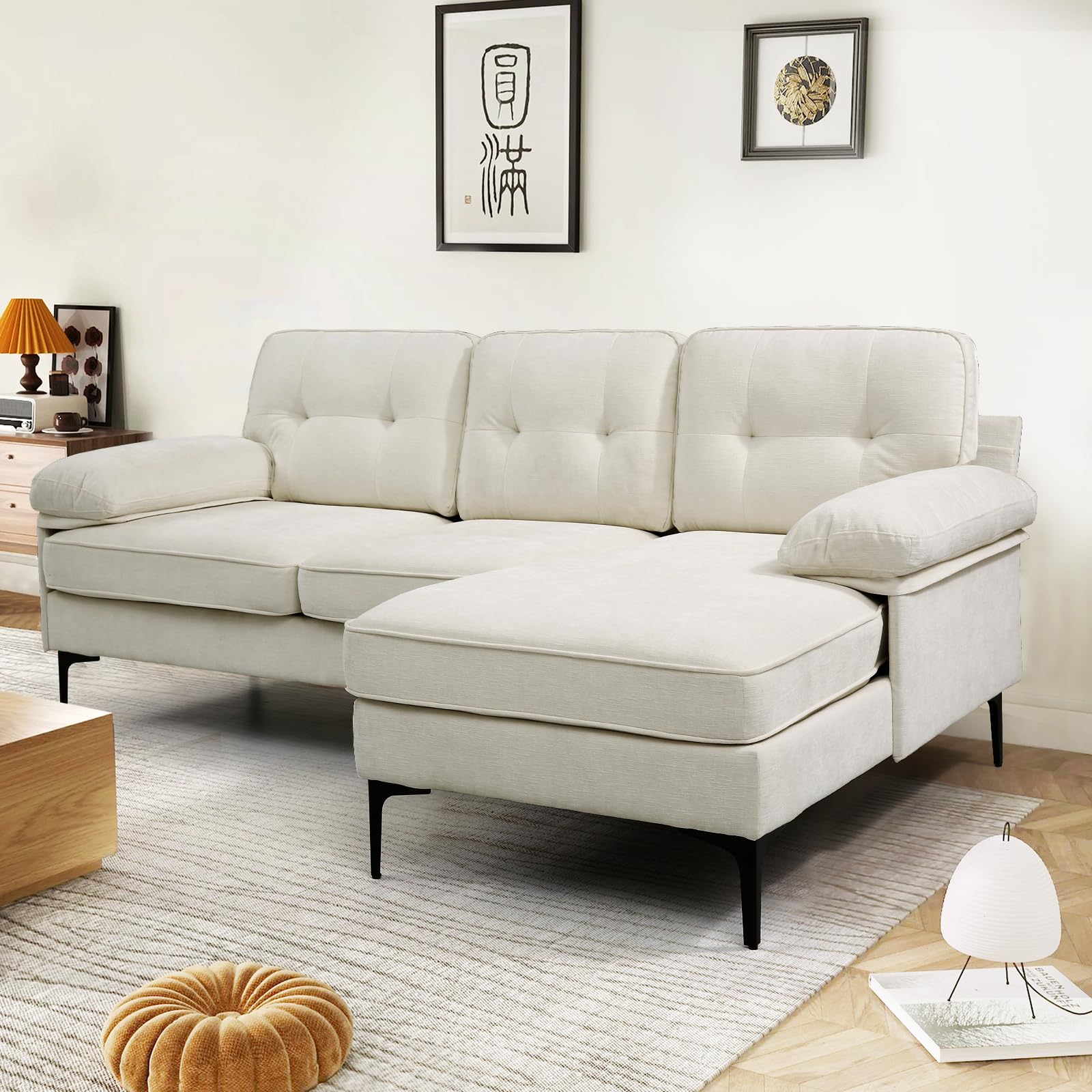 KIMOHOME 81" Modern Sectional Sofas Couches for Living Room, Chenille L-Shape Sofa Couch with w/Chaise, Small Couches for Small Spaces, Sofa with Solid Wood Frame (Beige)