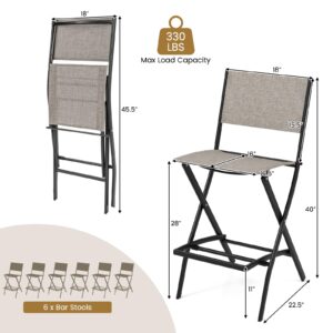 COSTWAY Outdoor Patio Bar Chair Set of 6, Folding Bar Height Stool with Metal Frame & Footrest, Patio Bar Stool for Balcony, Garden & Poolside (6, Coffee)