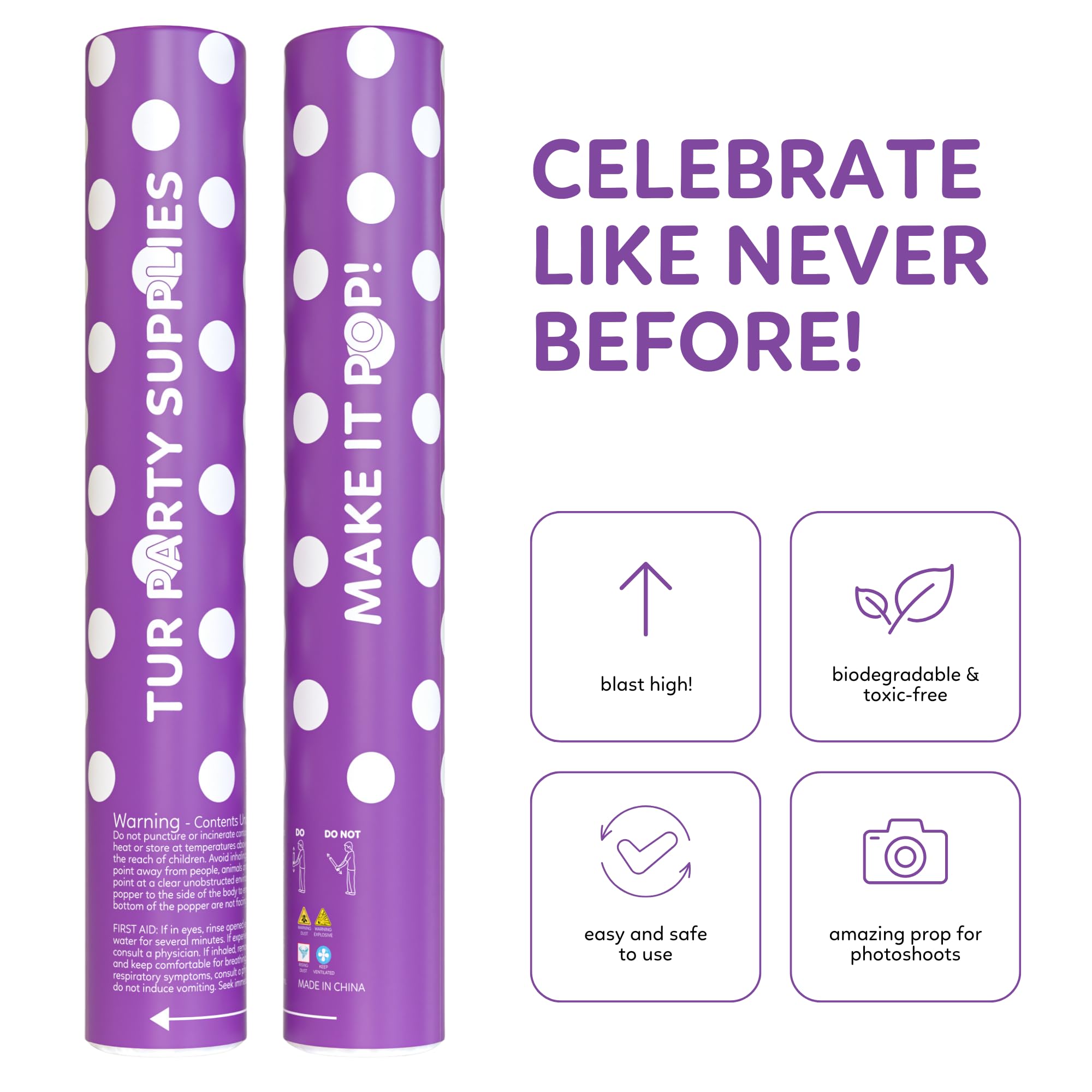 TUR Party Supplies Purple Powder Poppers Biodegradable Cannons 2 Pack Purple Biodegradable Powder | Launches up to 25ft | 12 inch | Powder Poppers for Celebrations, Festivals, and Parties