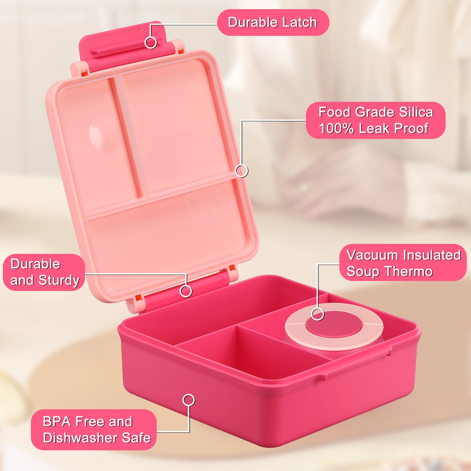 Bento Lunch Box for Kids with 8oz Soup Thermo&Lunch Bag, Leak-Proof Lunch Food Containers with 4 Compartment, Hot Food Insulated Food Jar for Kids School (Pink)