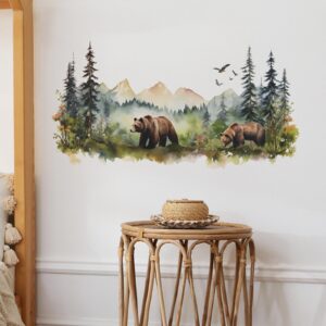 Annande Bear Wall Decals Mountain Wall Decal Woodland Nursery Decor Forest Wallpaper for Kids Baby Nursery Playroom Bedroom Classroom Kindergarten Wall Decor