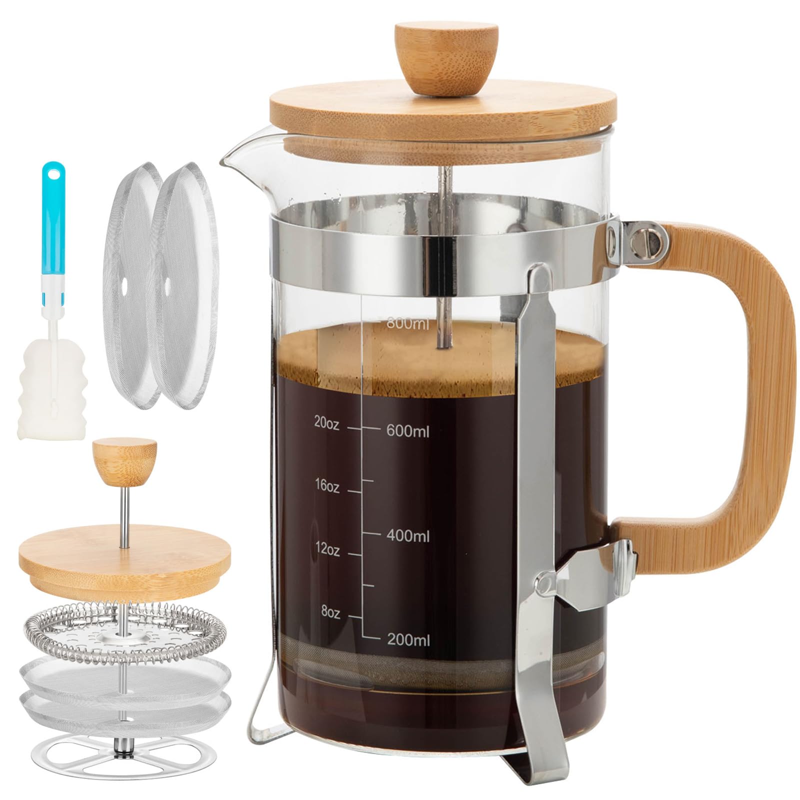 YMMIND 34 Ounces French Press Coffee Maker, Durable Bamboo Lid Handle Coffee Press, 4 Filters System, Heat Resistant Thickness Borosilicate Glass Beaker, BPA-Free Tea Pot Coffee Plunger