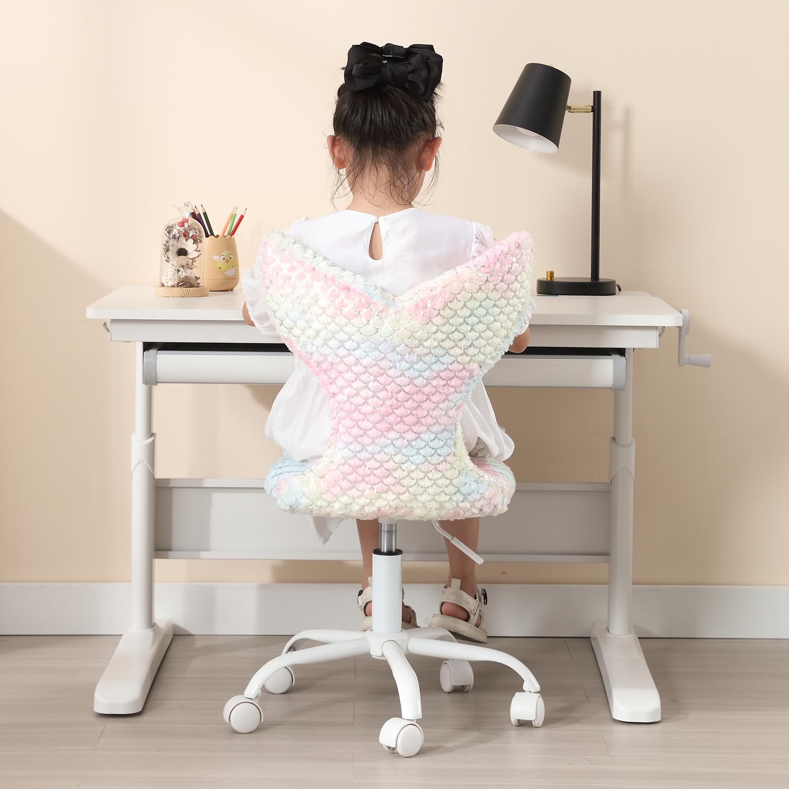 Guyou Cute Fuzzy Desk Chair for Kids/Girls/Boys, Mermaid Kids Study Chair Fluffy Children’s Swivel Chair with Wheels and Adjustable Height for Computer/Bedroom/Study Room Reading (Light Colorful)