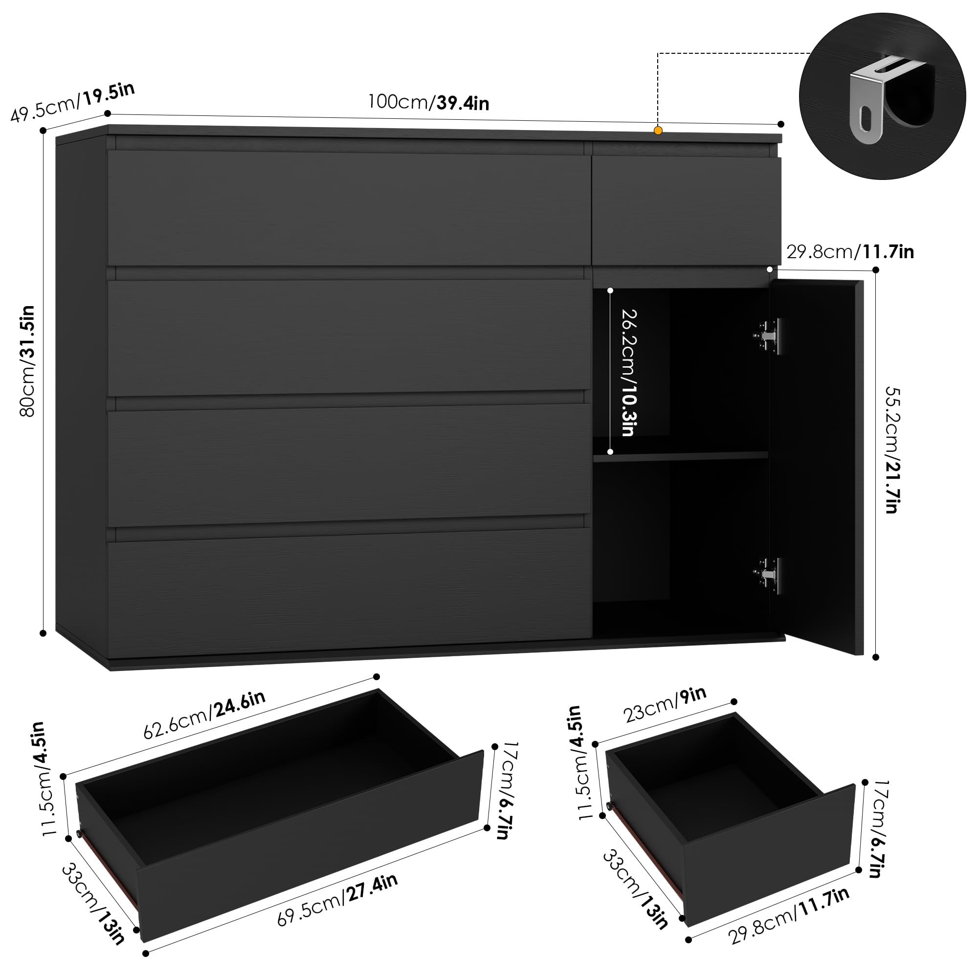 FOTOSOK 5 Drawer Dresser, Black Dresser Modern Dresser for TV Stand, Double Dresser Wide Storage Chests of Drawer with Door, Deep Drawers and Wide Storage Space