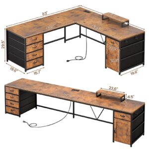 SEDETA L Shaped Desk, 63" Computer Desk with 5 Drawer & Power Outlet, Long Home Office Desk or Corner Desk, L Shaped Corner Desk with Monitor Shelf, Storage Cabinet, Rustic Brown