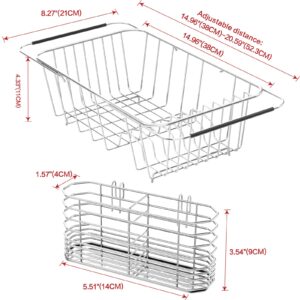 Fanbsy Small Dish Drainer Rack in Sink Adjustable, Expandable Stainless Steel Metal Dish Drying Rack Organizer with Stainless Steel Utensil Holder Over Inside Sink Counter, Rustproof(for 1-2 People)