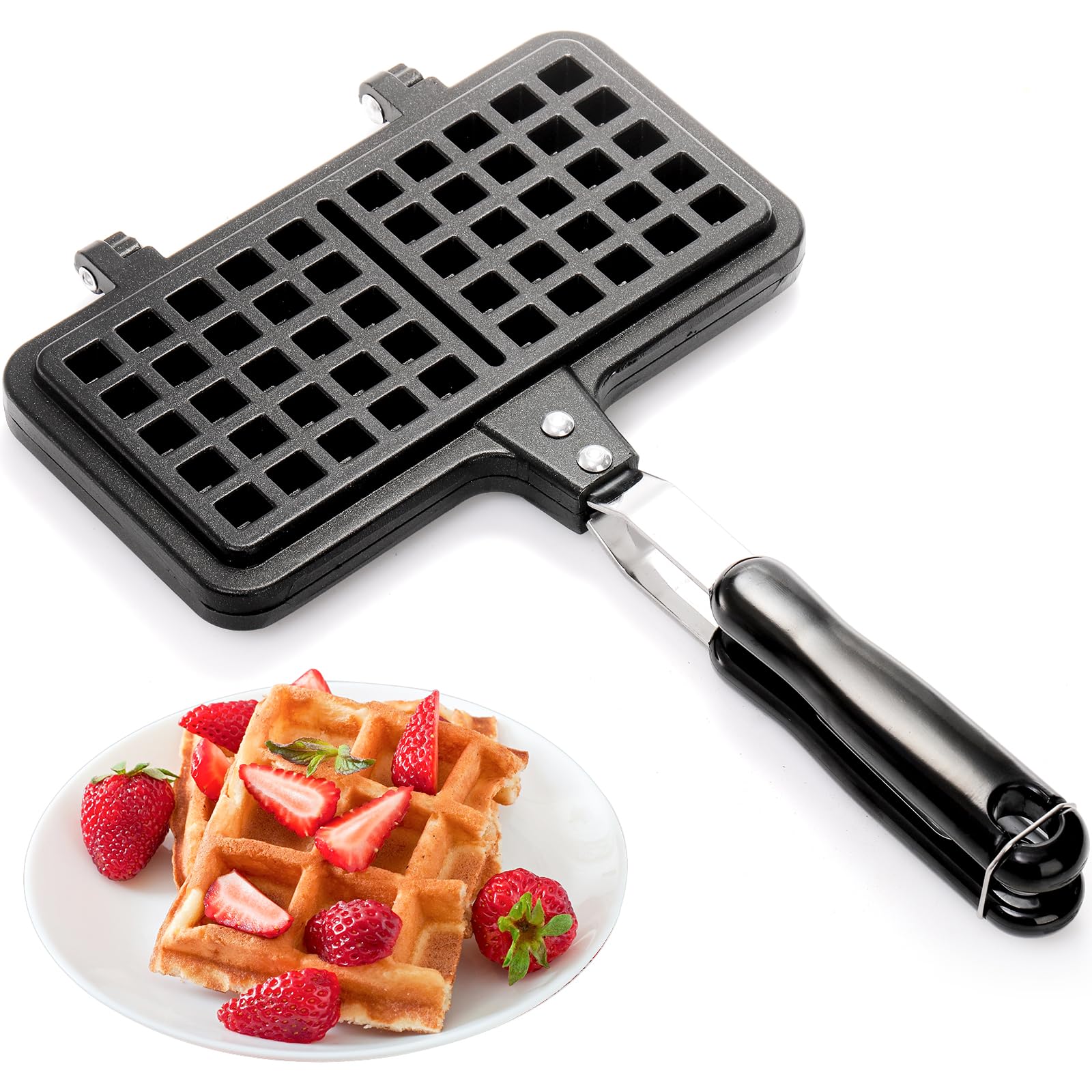 Dicunoy Non-stick Waffle Maker, 8" Camping StoveTop Waffle Maker with Long Handle, Portable Aluminum Waffle Maker Pan for Waffles Sandwich Toaster, Breakfast, Sandwich Baking