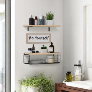 KOROI Bathroom Shelves Over Toilet，Floating Shelves Wall Mounted with Storage Basket，Wall Shelves for Bathroom，Bedroom,Living Room (Light Brown)