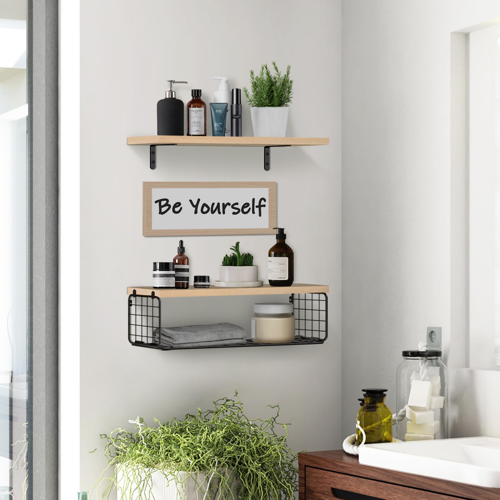 KOROI Bathroom Shelves Over Toilet，Floating Shelves Wall Mounted with Storage Basket，Wall Shelves for Bathroom，Bedroom,Living Room (Light Brown)