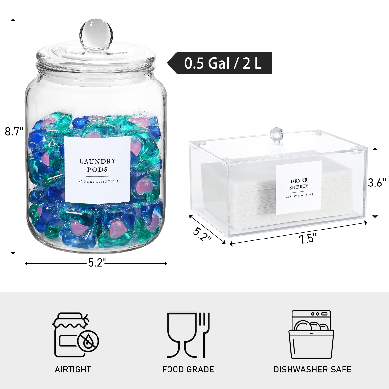 Glass Jars and Dryer Sheet Holder, Dispenser Set with Lids and Labels, Containers for Laundry Room Organization and Storage, Half Gallon Airtight Glass jars, Acrylic Storage Box for Laundry supplies,