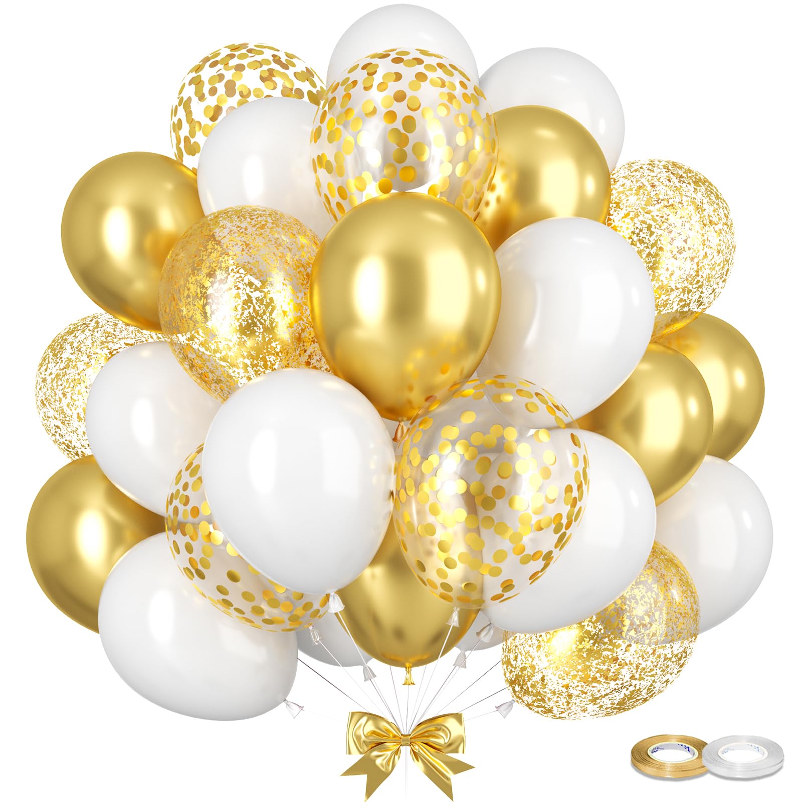 GREMAG White and Gold Balloons, 12inch Metallic Gold White Confetti Gold Balloon Kit with Ribbons, 60Pcs Latex Balloons for Birthday Wedding Engagement Bridal Shower Anniversary Graduation Baby Shower