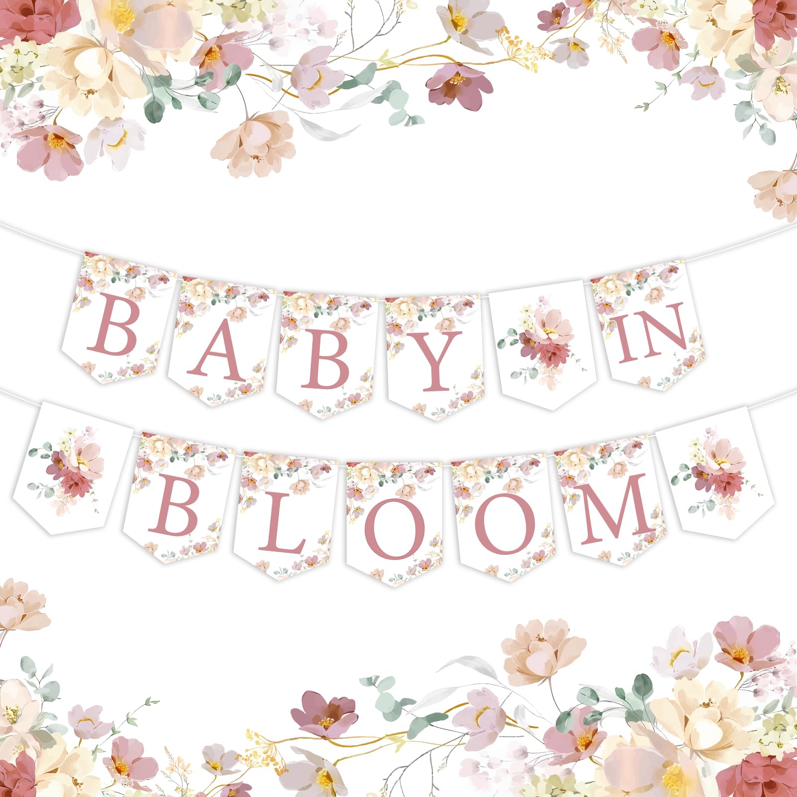 Baby in Bloom Baby Shower Decorations Girl - Floral Baby in Bloom Banner, Pre-Strung Flowers Baby Shower Banner for Wildflowers Boho Baby Shower Gender Reveal Birthday Party Supplies