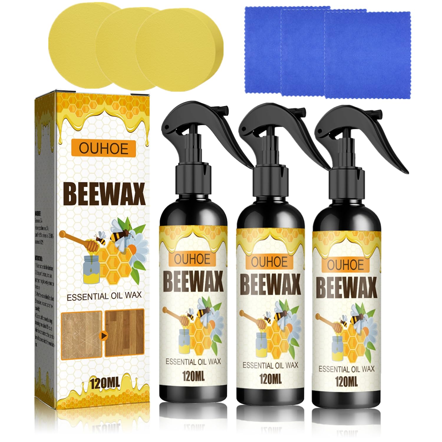 YG LianKai 3PC Natural Micro-Molecularized Beeswax Spray,Beeswax Furniture Polish Spray,Original Beeswax Furniture Polish,Beeswax Spray Cleaner,Furniture Beeswax Spray(120ml+Sponge+Cloth)