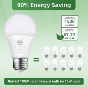 YAOHENG A19 LED Light Bulb, 100 Watt Equivalent LED Bulbs, 5000K Daylight White, 1500 Lumens, Standard E26 Base, Non-Dimmable 15W Super Bright Light Bulbs for Home, Office Lamp, ETL Listed(4-Pack)