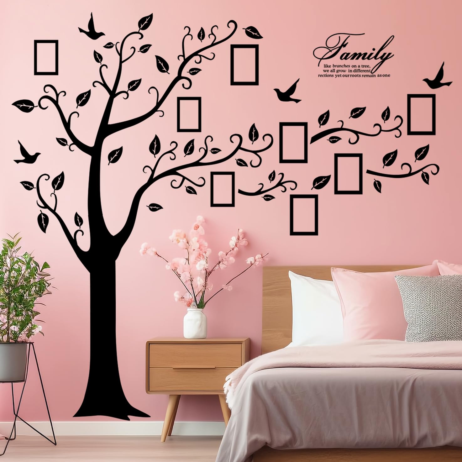 Large Family Photo Tree Wall Sticker 3D Peel and Stick Vinyl Photo Frame Tree Wall Decals Removable Quotes Leaf and Birds Wall Decor for Home Kids Bedroom Living Room Classroom Nursery (Right, Black)