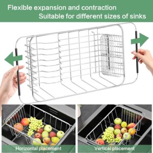 Fanbsy Small Dish Drainer Rack in Sink Adjustable, Expandable Stainless Steel Metal Dish Drying Rack Organizer with Stainless Steel Utensil Holder Over Inside Sink Counter, Rustproof(for 1-2 People)