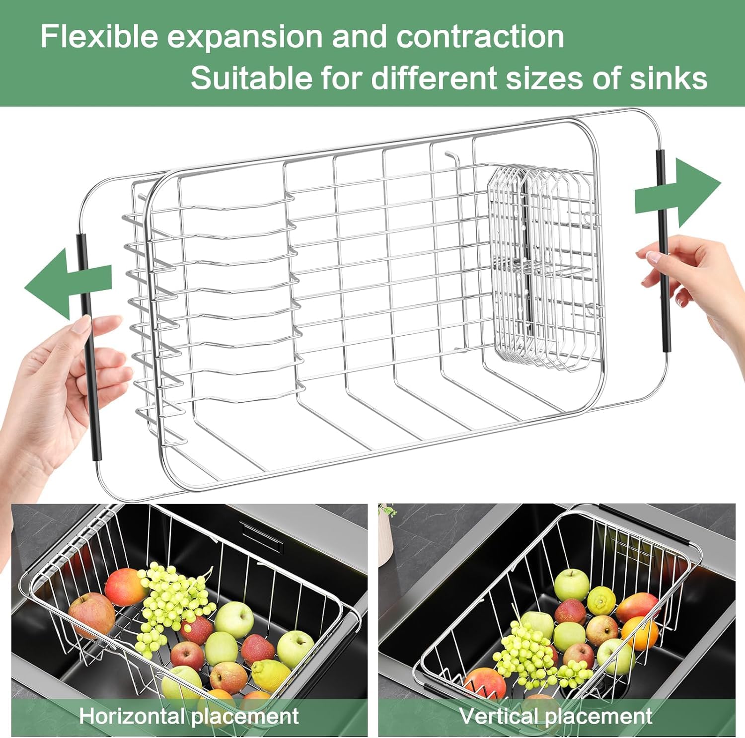 Fanbsy Small Dish Drainer Rack in Sink Adjustable, Expandable Stainless Steel Metal Dish Drying Rack Organizer with Stainless Steel Utensil Holder Over Inside Sink Counter, Rustproof(for 1-2 People)