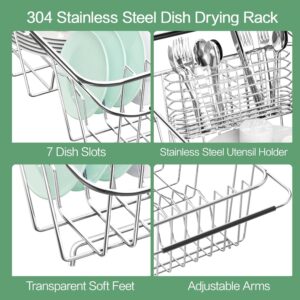 Fanbsy Small Dish Drainer Rack in Sink Adjustable, Expandable Stainless Steel Metal Dish Drying Rack Organizer with Stainless Steel Utensil Holder Over Inside Sink Counter, Rustproof(for 1-2 People)