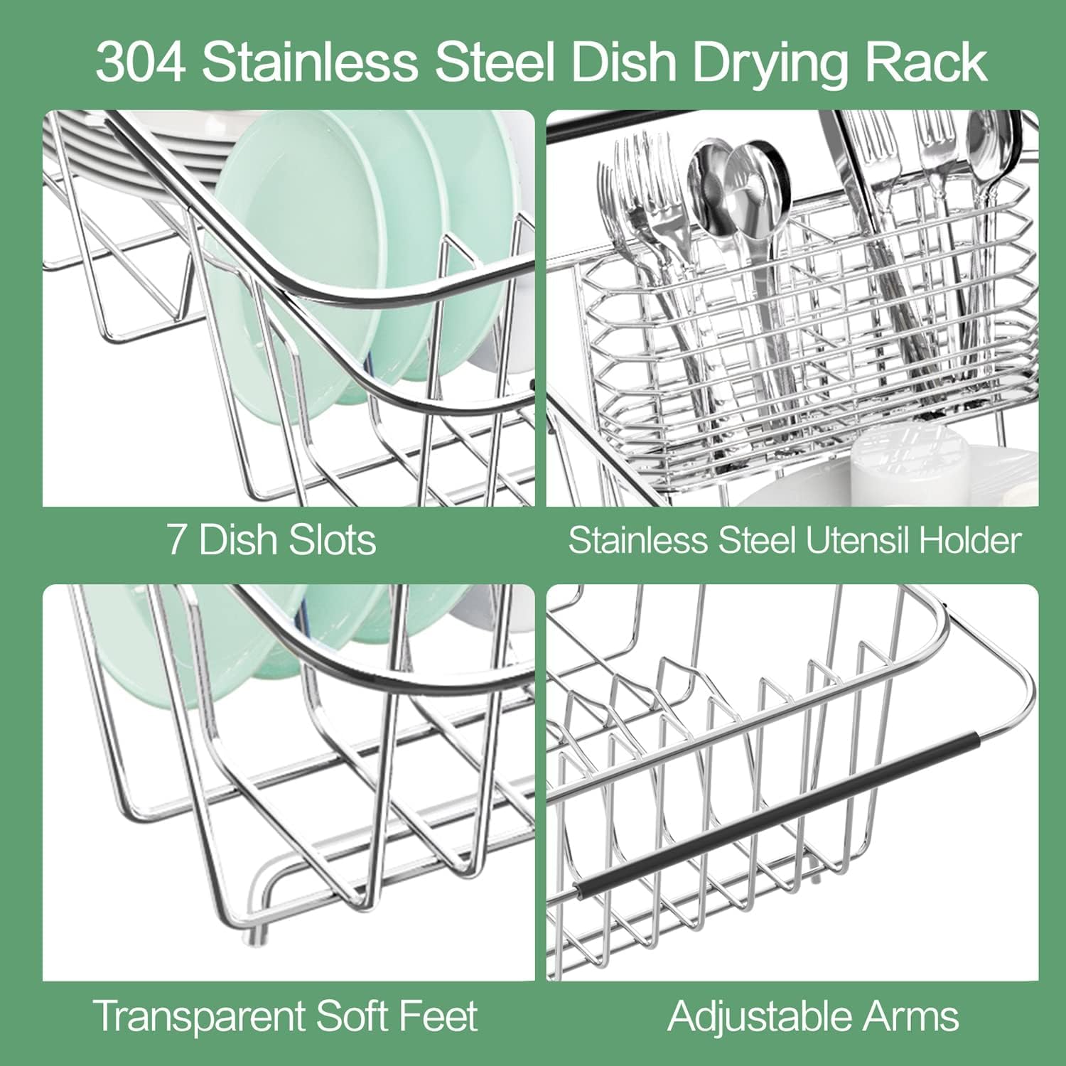 Fanbsy Small Dish Drainer Rack in Sink Adjustable, Expandable Stainless Steel Metal Dish Drying Rack Organizer with Stainless Steel Utensil Holder Over Inside Sink Counter, Rustproof(for 1-2 People)