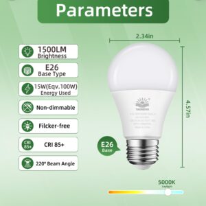 YAOHENG A19 LED Light Bulb, 100 Watt Equivalent LED Bulbs, 5000K Daylight White, 1500 Lumens, Standard E26 Base, Non-Dimmable 15W Super Bright Light Bulbs for Home, Office Lamp, ETL Listed(4-Pack)