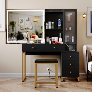 Wildhome Vanity Set with Lighted Mirror and Charging Station, Extra Large Mirror Makeup Vanity Table with Cushioned Stool,5 Drawers, Modern Vanity Table with Nightstand (Black, Large)