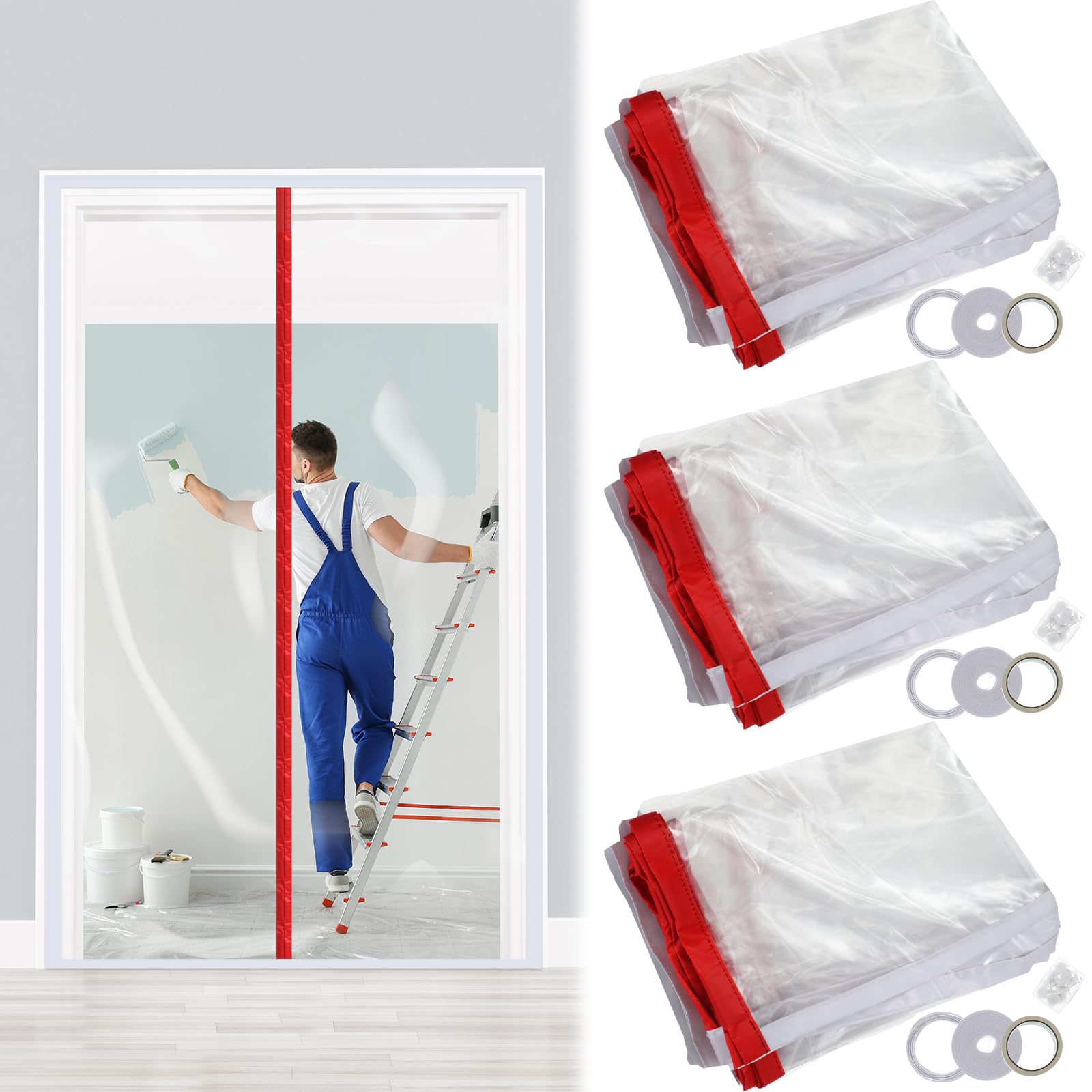 Preboun 3 Sets Dust Barrier Magnetic Dust Barrier Door Kit 4' x 7.5' Construction Dust Barrier Plastic Barrier for Construction Self Closing Plastic Door Curtain for Doorways Room (Red)