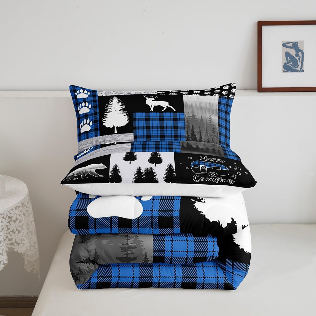 Deer Kids Comforter Set Full Size,Bear Hunting Woodland Rustic Cabin Bedding Set for Boys Girls Adult,Camping Adventure Geometric Plaid Patchwork Down Comforter,Pine Tree Xmas Duvet Insert Blue Black