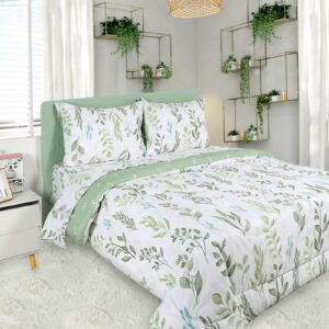 dilimi twin comforter set for girls, reversible 5 pieces comforter twin size bed, green leaf ultra soft twin bedding sets with comforter, flat sheet, fitted sheet, 2 pillowcase