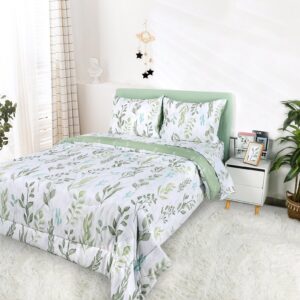 DILIMI Twin Comforter Set for Girls, Reversible 5 Pieces Comforter Twin Size Bed, Green Leaf Ultra Soft Twin Bedding Sets with Comforter, Flat Sheet, Fitted Sheet, 2 Pillowcase