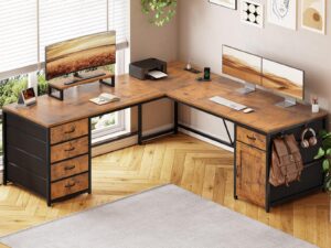 sedeta l shaped desk, 63" computer desk with 5 drawer & power outlet, long home office desk or corner desk, l shaped corner desk with monitor shelf, storage cabinet, rustic brown