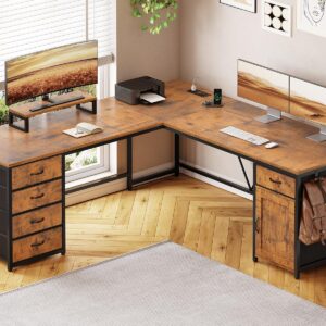 SEDETA L Shaped Desk, 63" Computer Desk with 5 Drawer & Power Outlet, Long Home Office Desk or Corner Desk, L Shaped Corner Desk with Monitor Shelf, Storage Cabinet, Rustic Brown