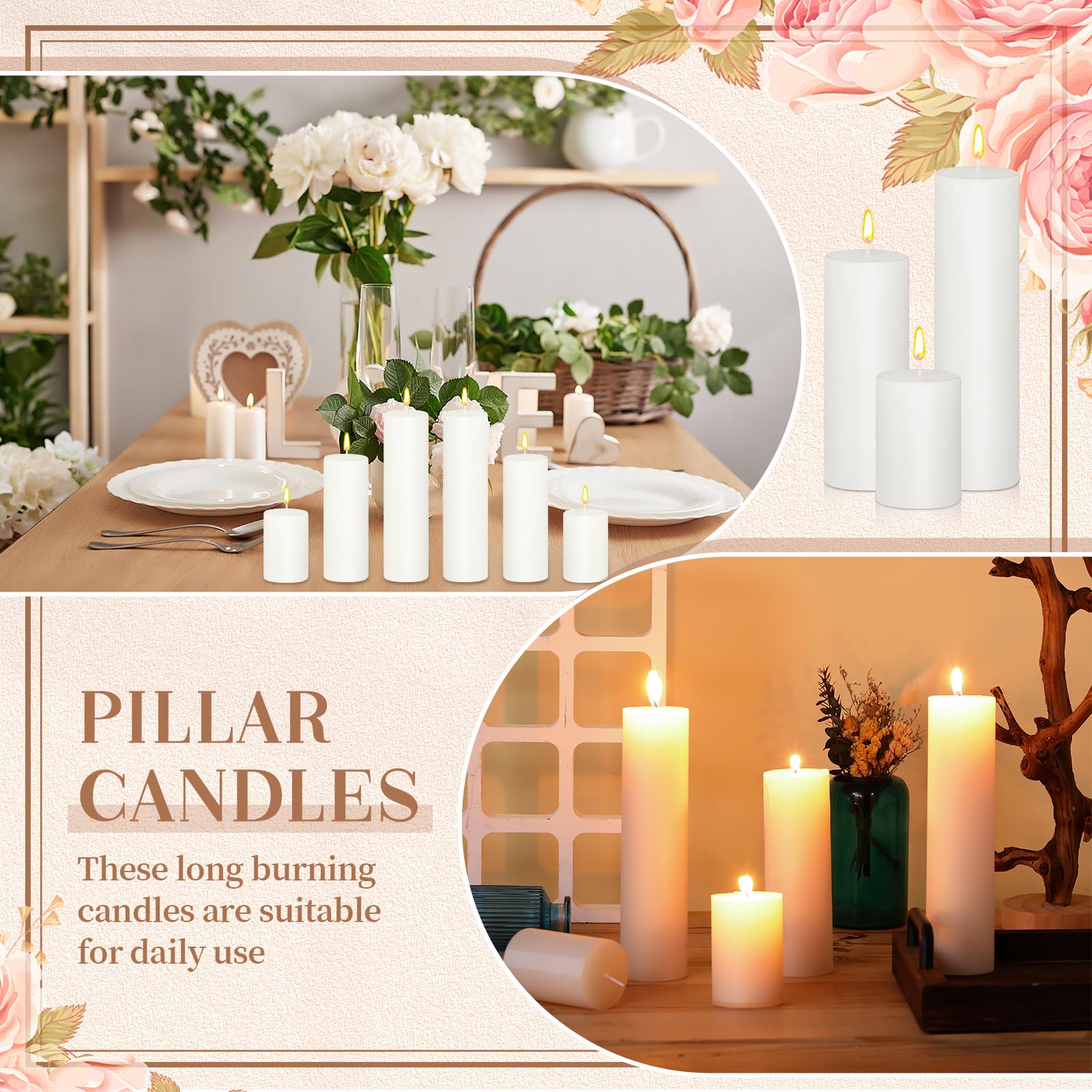 MTLEE 48 Pcs Set of 3 Pillar Candles Pillar Candle Bulk 3 Inch 6 Inch 8 Inch Assorted Candles Dripless Unscented Smokeless Pillar Candles for Wedding Holiday Dinner Restaurants Spa Home Decor