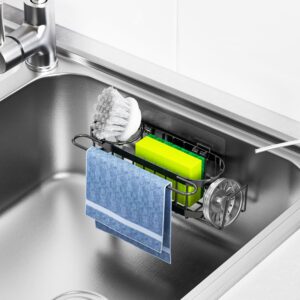 Cisily 3-in-1 Sponge Holder for Kitchen Sink Caddy (Hanging&Adhesive), Stainless Steel Movable Brush Holder + Dish Cloth Hanger, Hanging Sink Caddy Organizer, in Sink Organizer Accessories Rack