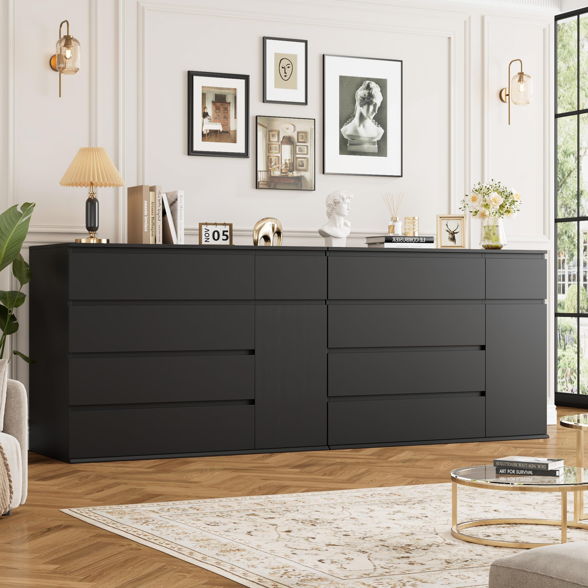 FOTOSOK 5 Drawer Dresser, Black Dresser Modern Dresser for TV Stand, Double Dresser Wide Storage Chests of Drawer with Door, Deep Drawers and Wide Storage Space