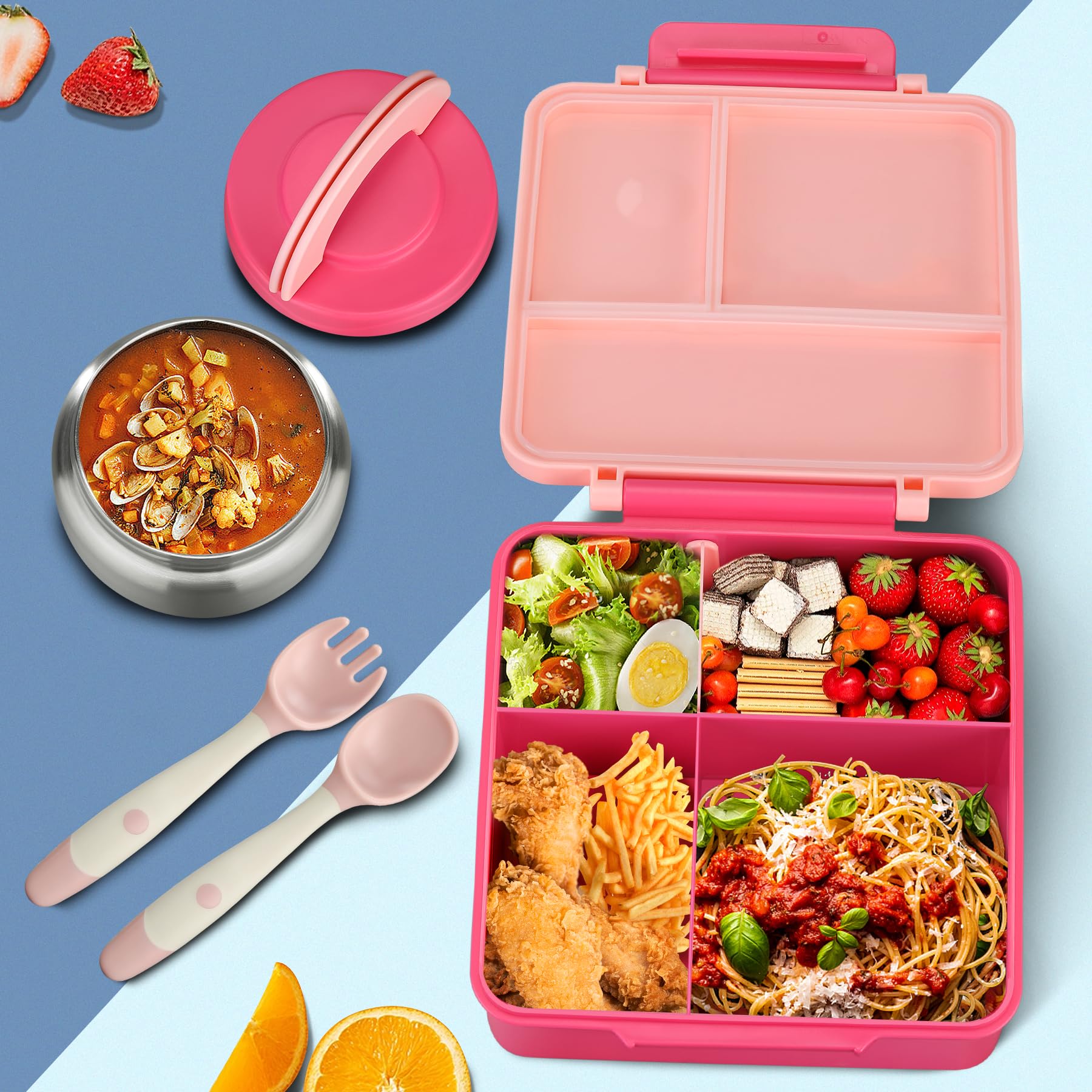 Bento Lunch Box for Kids with 8oz Soup Thermo&Lunch Bag, Leak-Proof Lunch Food Containers with 4 Compartment, Hot Food Insulated Food Jar for Kids School (Pink)