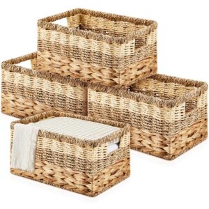 suzile 4 pcs wicker storage basket water hyacinth seagrass woven baskets for organizing square wicker storage cubes with handles natural organizer baskets pack for shelves bedroom, 12 x 8 x 6.3 inch