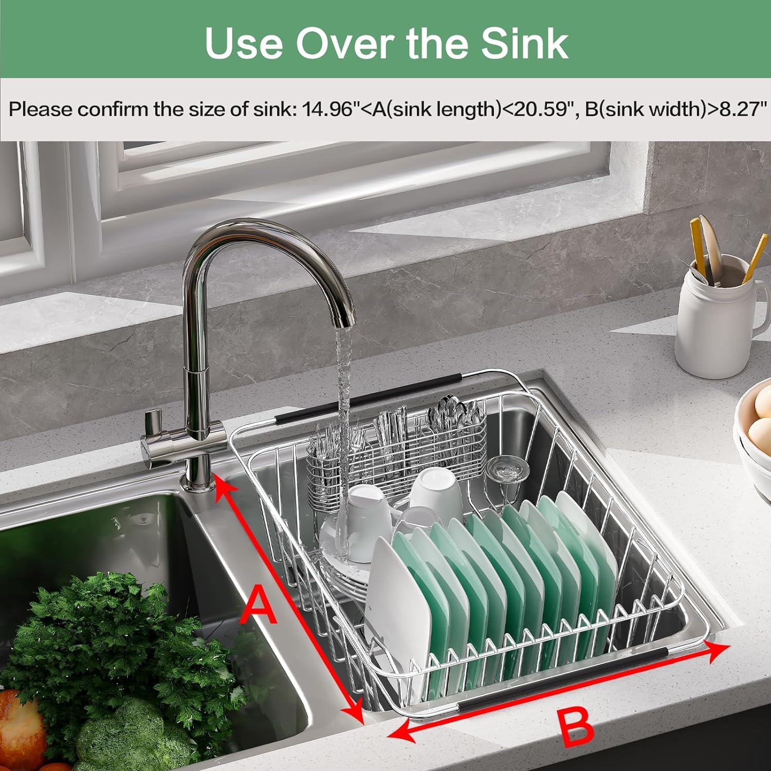 Fanbsy Small Dish Drainer Rack in Sink Adjustable, Expandable Stainless Steel Metal Dish Drying Rack Organizer with Stainless Steel Utensil Holder Over Inside Sink Counter, Rustproof(for 1-2 People)