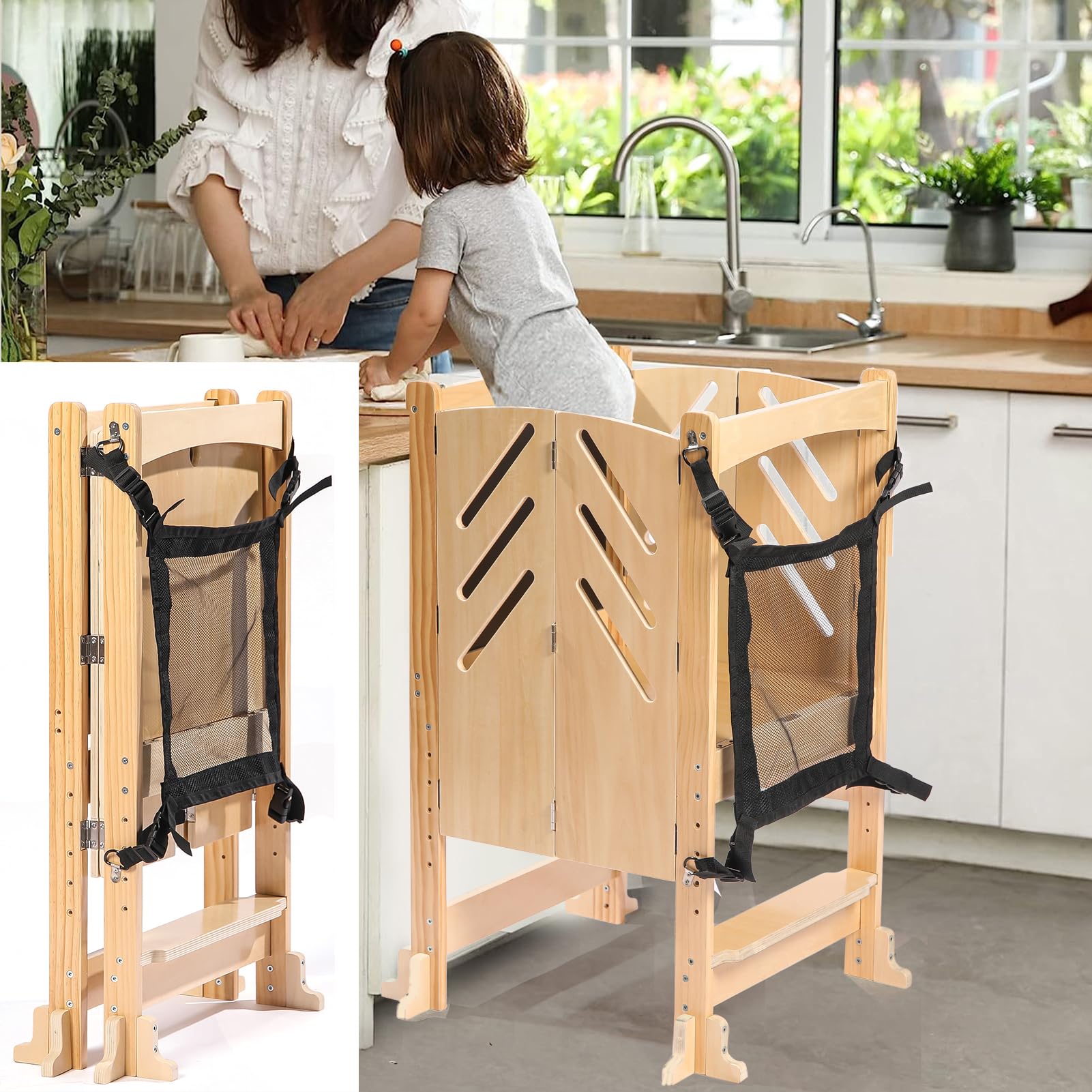 Foldable Toddler Kitchen Step Stool with 5-Level Height Adjustment，with Keeper and Graffiti Drawing Board .Wooden Toddler Tower for Toddlers Over 18 Months Old .（Natural）