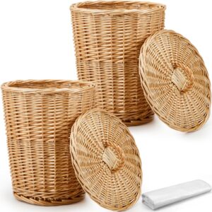 maxcheck 2 pcs wicker trash can with 100 plastic trash bag wicker waste woven basket with lids and garbage bags for bathroom kitchen bedroom office bedroom kitchen laundry supplies