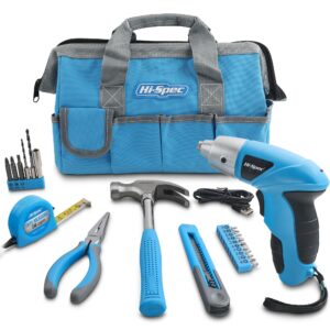 hi-spec 21-piec blue tool set with 3.6v usb electric power screwdriver,tool kit for home, diy essential hand tool set kit