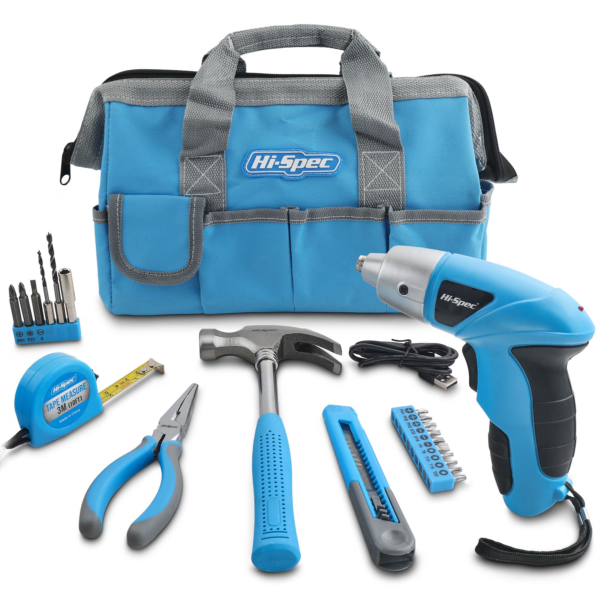 Hi-Spec 21-Piec Blue Tool Set with 3.6V USB Electric Power Screwdriver,Tool Kit for Home, DIY Essential Hand Tool Set Kit