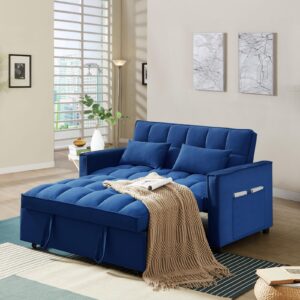 3 in 1 convertible sleeper sofa couch with pull out bed,55" velvet upholstered futon sofa bed,modern loveseat sleeper chaise with adjustable backrest for living room, guest room, apartment(blue)