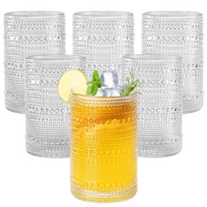 amyoole 15oz hobnail drinking glasses set of 6,clear vintage glassware embossed water tumbler,cocktail glass cups for beer,whiskey,juice and various mixed drinks